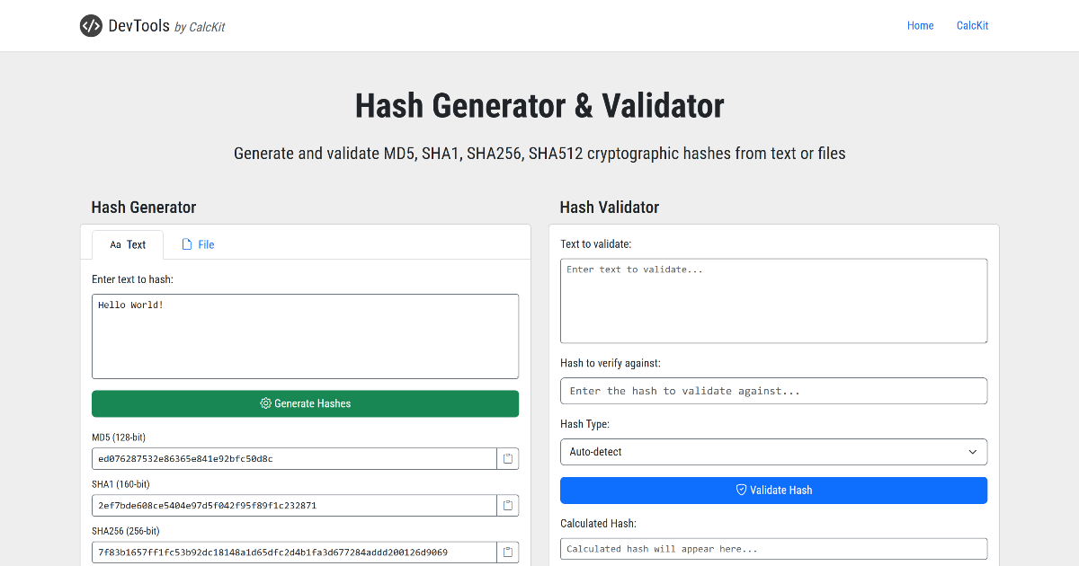Hash Generator & Validator - DevTools by CalcKit