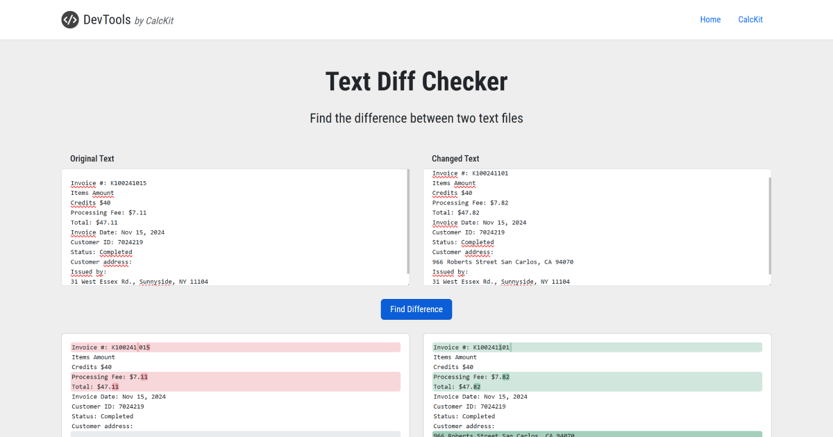 Text diff checker devtools by calckit