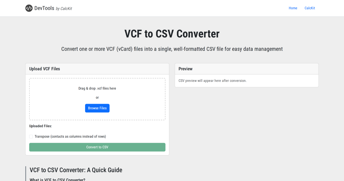 VCF to CSV Converter - DevTools by CalcKit